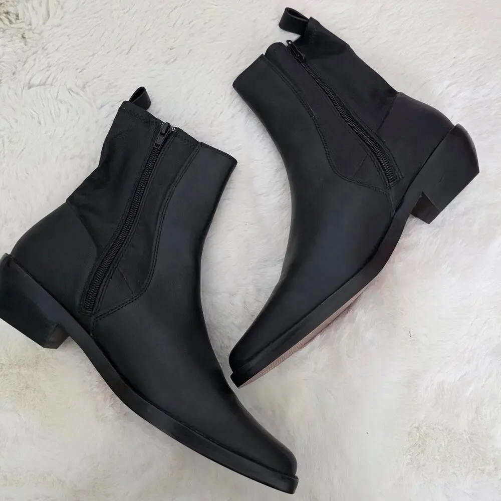 Madewell Idris True Black Leather Ankle Booties Stretchy Panel Block Heel Size 8